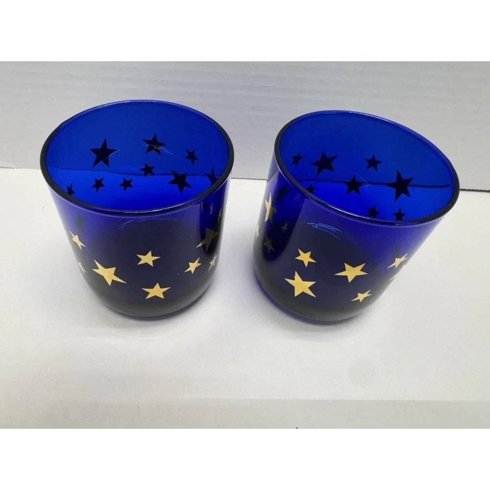 Vtg Cobalt Blue Celestial Gold Stars Lowball Glasses Set Of 2 Libbey